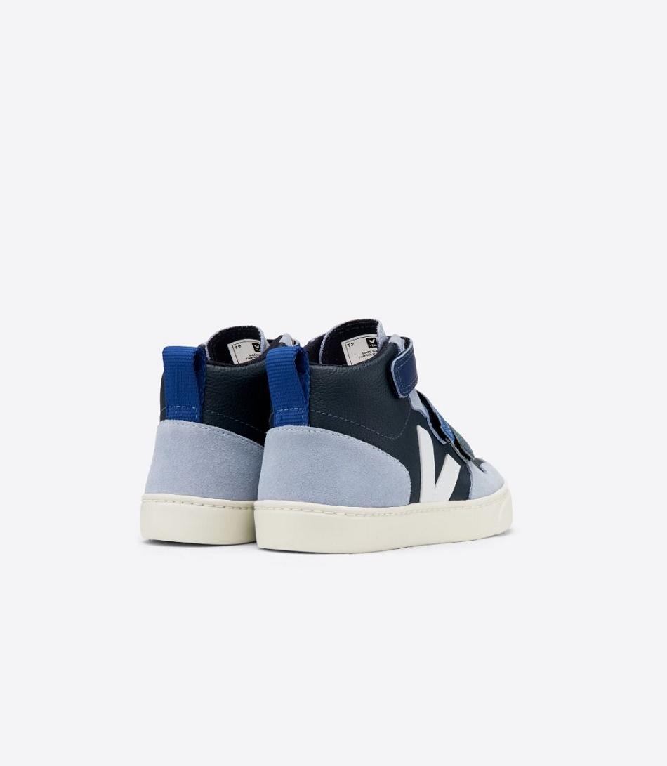 Veja V-10 Mid Chromefree Leren Multico Nautico Menthol Kids Outlet Zwart Blauw | BECVG53602